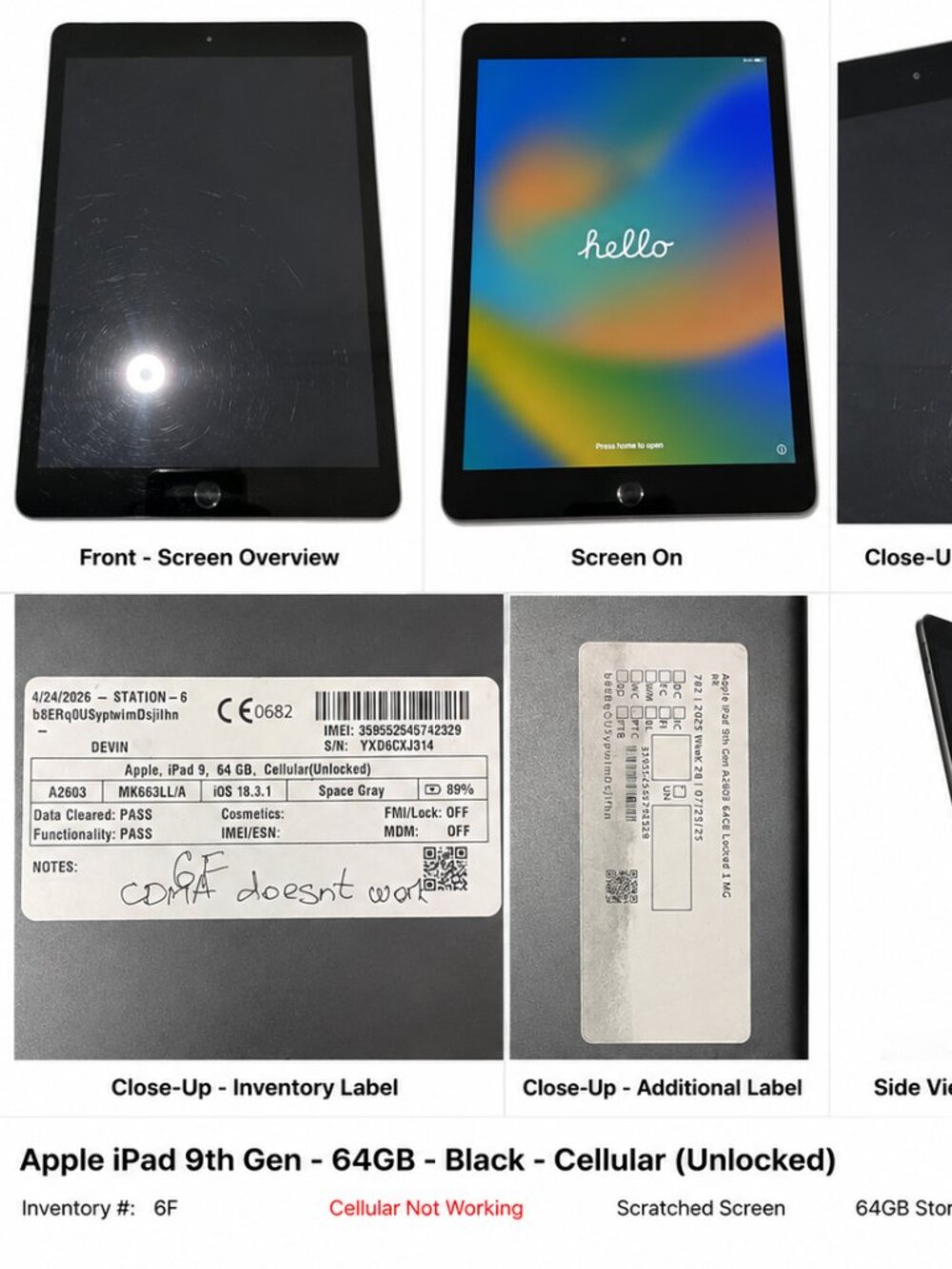 Apple iPad 9th Gen 64GB Cellular + Wi-Fi Unlocked – Space Gray, #6F